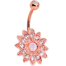 Load image into Gallery viewer, Clear Gem White Faux Opal Rose Gold Tone Flower Belly Ring Set of 2
