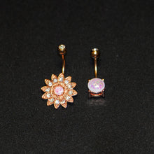 Load image into Gallery viewer, Clear Gem White Faux Opal Rose Gold Tone Flower Belly Ring Set of 2