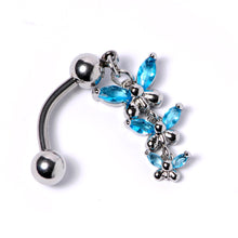 Load image into Gallery viewer, Aqua Gem Band of Butterflies Top Mount Dangle Belly Ring