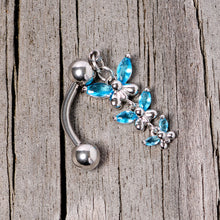 Load image into Gallery viewer, Aqua Gem Band of Butterflies Top Mount Dangle Belly Ring