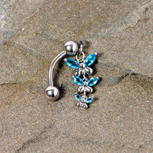 Load image into Gallery viewer, Aqua Gem Band of Butterflies Top Mount Dangle Belly Ring