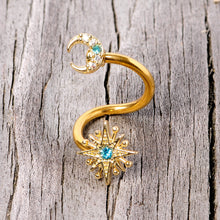 Load image into Gallery viewer, 14G 3/8 Clear Blue Gem Gold Tone Moon Star Spiral Twister Belly Ring
