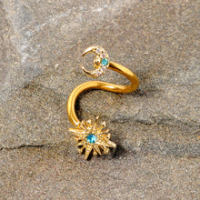 Load image into Gallery viewer, 14G 3/8 Clear Blue Gem Gold Tone Moon Star Spiral Twister Belly Ring