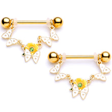 Load image into Gallery viewer, 14G 5/8 Green Gem Gold Tone Butterfly Dangle Nipple Ring Set