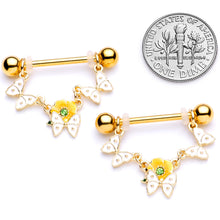 Load image into Gallery viewer, 14G 5/8 Green Gem Gold Tone Butterfly Dangle Nipple Ring Set