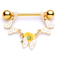 Load image into Gallery viewer, 14G 5/8 Green Gem Gold Tone Butterfly Dangle Nipple Ring Set