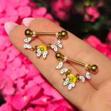 Load image into Gallery viewer, 14G 5/8 Green Gem Gold Tone Butterfly Dangle Nipple Ring Set