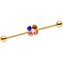 Load image into Gallery viewer, 14G Pink Blue Yellow Gem Gold Tone Flower Industrial Barbell 38mm