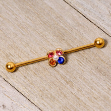 Load image into Gallery viewer, 14G Pink Blue Yellow Gem Gold Tone Flower Industrial Barbell 38mm