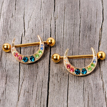 Load image into Gallery viewer, 14G 7/8 Multicolor Gem Gold Tone Crescent Nipple Shield Set