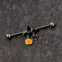 Load image into Gallery viewer, 14G Black Cat Witch Hat Halloween Dangle Industrial Barbell 38mm