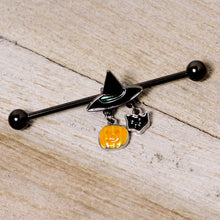 Load image into Gallery viewer, 14G Black Cat Witch Hat Black Halloween Industrial Barbell 38mm