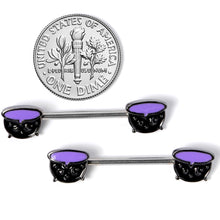 Load image into Gallery viewer, 14G 11/16 Purple Cauldron Halloween Barbell Nipple Ring Set