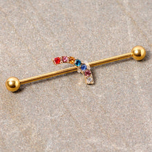 Load image into Gallery viewer, 14G Red Blue Gem Gold Tone Rainbow Arc Industrial Barbell 38mm