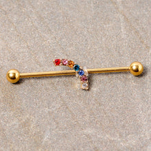 Load image into Gallery viewer, 14G Red Blue Gem Gold Tone Rainbow Arc Industrial Barbell 38mm