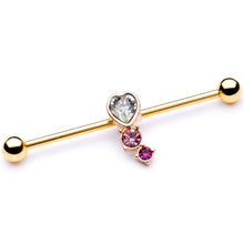 Load image into Gallery viewer, 14G Clear Pink Red Gem Gold Tone Heart Industrial Barbell 38mm