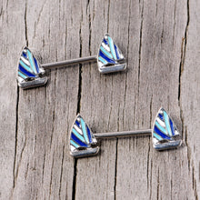 Load image into Gallery viewer, 14G 9/16 Blue White Nautical Sailboat Barbell Nipple Ring Set
