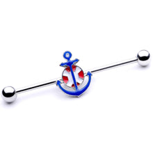 Load image into Gallery viewer, 14G Blue Red Life Ring Anchor Nautical Industrial Barbell 38mm