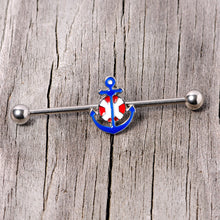 Load image into Gallery viewer, 14G Blue Red Life Ring Anchor Nautical Industrial Barbell 38mm