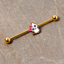 Load image into Gallery viewer, 14G Blue Gem Gold Tone Sweet Kitty Cat Industrial Barbell 38mm