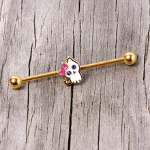 Load image into Gallery viewer, 14G Blue Gem Gold Tone Sweet Kitty Cat Industrial Barbell 38mm