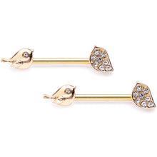 Load image into Gallery viewer, 14G 9/16 Clear Gem Gold Tone Little Birds Barbell Nipple Ring Set
