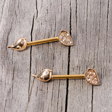 Load image into Gallery viewer, 14G 9/16 Clear Gem Gold Tone Little Birds Barbell Nipple Ring Set