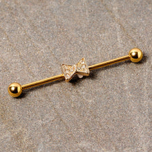 Load image into Gallery viewer, 14G Clear Gem Gold Tone Bow Tie Industrial Barbell 38mm
