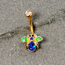 Load image into Gallery viewer, Blue Clear Gem Gold Tone Colorful Bee Belly Ring