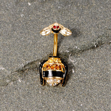 Load image into Gallery viewer, Clear Black Yellow Gem Gold Tone Bee Double Mount Belly Ring