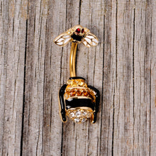 Load image into Gallery viewer, Clear Black Yellow Gem Gold Tone Bee Double Mount Belly Ring