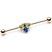 Load image into Gallery viewer, 14G Blue Gem Gold Tone Colorful Bee Industrial Barbell 38mm