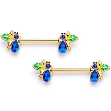 Load image into Gallery viewer, 14G 9/16 Blue Gem Gold Tone Colorful Bee Barbell Nipple Ring Set