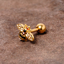 Load image into Gallery viewer, 16G 1/4 Clear Black Gem Gold Tone Honey Bee Cartilage Tragus