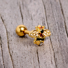 Load image into Gallery viewer, 16G 1/4 Clear Black Gem Gold Tone Honey Bee Cartilage Tragus