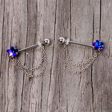 Load image into Gallery viewer, 14G 5/8 Blue Purple Gem Star Chain Dangle Barbell Nipple Ring Set