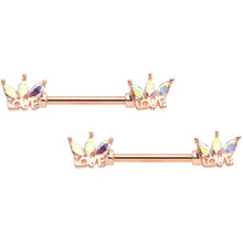Load image into Gallery viewer, 14G 9/16 Aurora Gem Rose Gold Tone Love Crown Barbell Nipple Ring Set