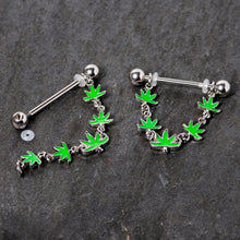 Load image into Gallery viewer, 14G 5/8 Green Marijuana Pot Leaf Dangle Barbell Nipple Ring Set