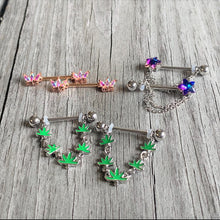 Load image into Gallery viewer, 14G 9/16 Aurora Gem Rose Gold Tone Love Crown Barbell Nipple Ring Set