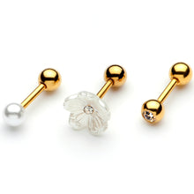Load image into Gallery viewer, 16G 1/4 Faux Pearl Gold Tone Flower Cartilage Tragus Set of 3