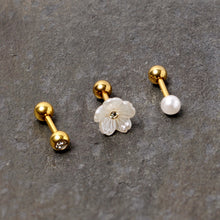 Load image into Gallery viewer, 16G 1/4 Faux Pearl Gold Tone Flower Cartilage Tragus Set of 3