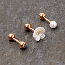 Load image into Gallery viewer, 16G 1/4 Clear Gem Rose Gold Tone Flower Cartilage Tragus Curation Set of 3