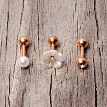 Load image into Gallery viewer, 16G 1/4 Clear Gem Rose Gold Tone Flower Cartilage Tragus Curation Set of 3