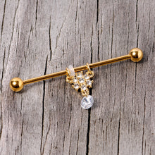 Load image into Gallery viewer, 14G Clear Gem Gold Tone Regal Crest Dangle Industrial Barbell 38mm
