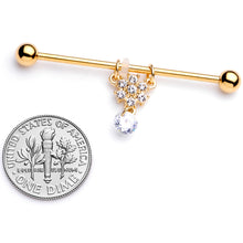 Load image into Gallery viewer, 14G Clear Gem Gold Tone Regal Crest Dangle Industrial Barbell 38mm