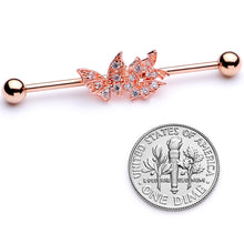 Load image into Gallery viewer, 14G Clear CZ Gem Rose Gold Tone Butterflies Industrial Barbell 38mm