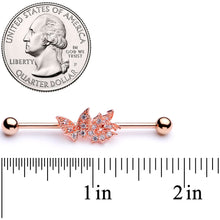 Load image into Gallery viewer, 14G Clear CZ Gem Rose Gold Tone Butterflies Industrial Barbell 38mm