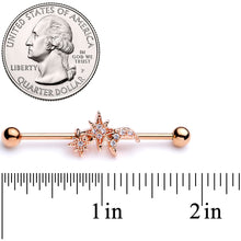 Load image into Gallery viewer, 14G Clear CZ Gem Rose Gold Tone Moon Stars Industrial Barbell 38mm