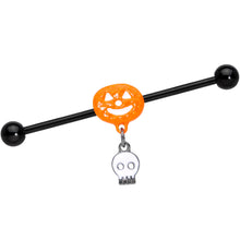 Load image into Gallery viewer, 14G Orange Pumpkin Skull Halloween Dangle Industrial Barbell 38mm