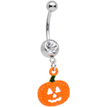 Load image into Gallery viewer, Clear Gem Orange Pumpkin Jack O Lantern Halloween Dangle Belly Ring